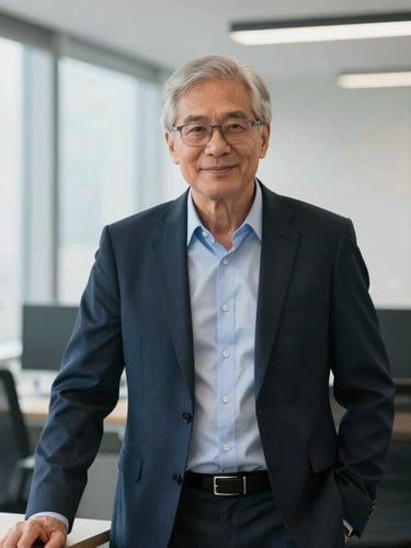 Sober portrait of a senior financial consultant in a modern office, soft natural lighting, professional business interaction without forced smiles