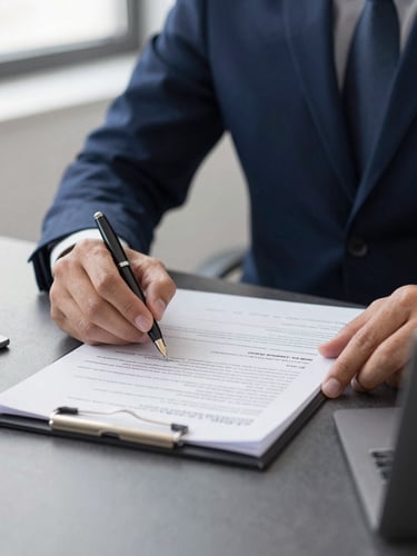 Close-up of professional hands in a sober office reviewing legal tax documents with a fountain pen, soft side lighting, deep navy tones