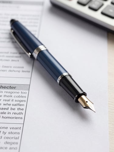 Close-up of a fountain pen resting on structured legal tax documents, soft side lighting, professional corporate setting, 35mm lens