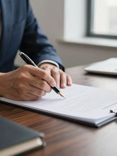 Close-up of a fountain pen signing structured legal documents on a dark oak desk, side-lit by soft morning window light, professional corporate mood.