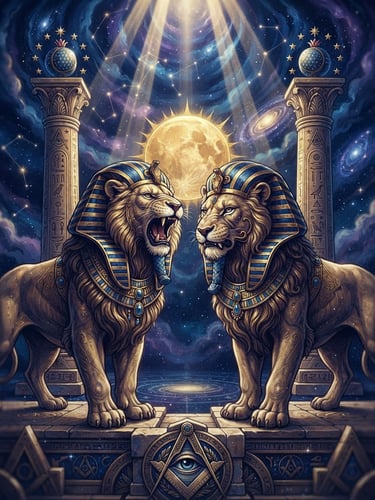 Anamorphic depictions of Jachin and Boaz lions wearing pharaoh headdresses, one growling, the other with a slight snarl, set against celestial scenery with twin masonic pillars and golden light rays, mystical digital illustration.