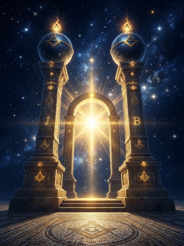 Low angle symmetrical composition of twin masonic pillars Jachin and Boaz, golden rays piercing a deep navy celestial starfield, mystical digital illustration
