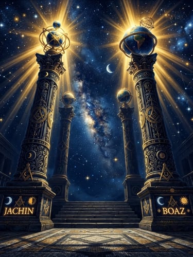 Low-angle mystical digital illustration of twin masonic pillars, Jachin and Boaz, rising into a deep navy celestial starfield, illuminated by high-contrast golden rays.
