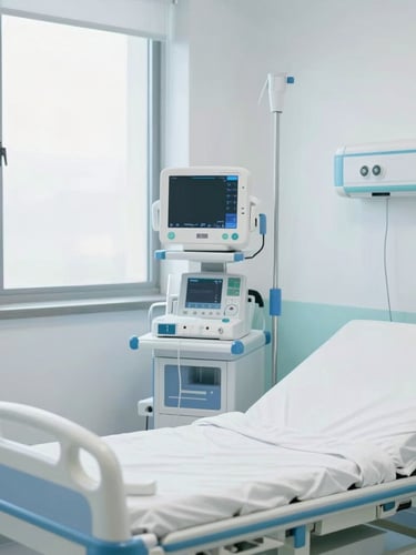 A bright, clean clinical trial facility inpatient room with modern beds, monitoring equipment, cool blue and medical teal accents, professional 35mm photography