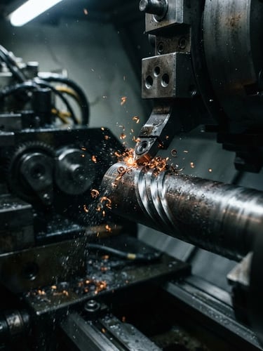 Macro close-up of a CNC lathe carving raw steel stock, high-contrast industrial workshop lighting, cool metallic tones, sharp tool paths, 35mm