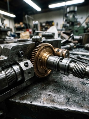 Macro close-up of custom machined steel and brass components on a dark metal workbench, high-contrast industrial workshop lighting, cool metallic tones, sharp tool paths visible, 35mm photography