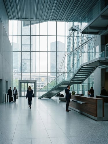 Cool-toned corporate office lobby in Frankfurt, sharp architectural geometry, diffused daylight, professional 35mm photography.