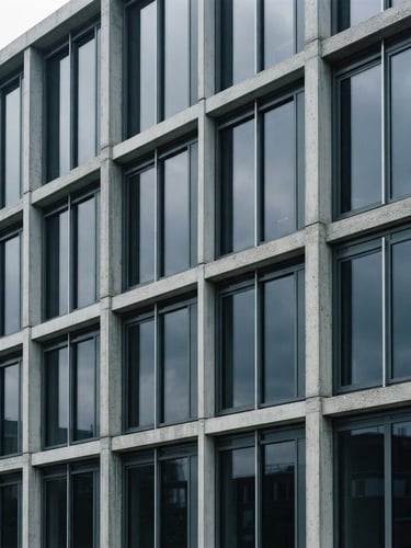 Sharp architectural crop of modern concrete and steel building facade, cool diffused office light, clean geometric lines, professional 35mm.