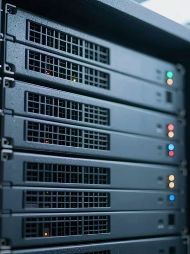 Close-up macro photography of enterprise server rack indicator lights, cool-toned blue and slate gray palette, sharp focus on technical hardware, professional 35mm.