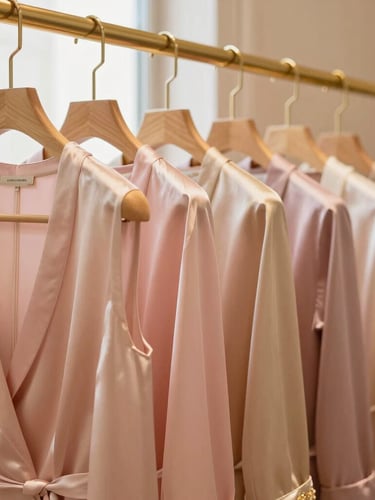 Close-up of elegant Italian silk garments hanging on fine golden clothing racks, warm window light, soft focus, boutique interior