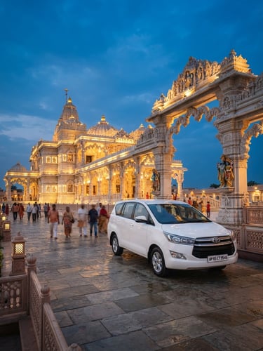 A pristine white Innova Crysta parked near the elegant arches of Prem Mandir in Vrindavan during warm golden twilight, soft gold and rich blue tones, sharp focus.