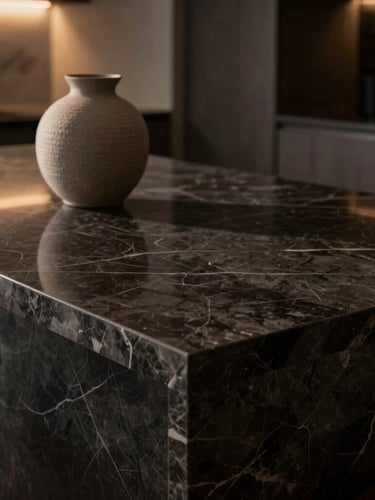 Close-up detail shot of premium dark marble kitchen countertop with a single textured ceramic vase, soft warm side lighting, shadows casting an elegant editorial mood.
