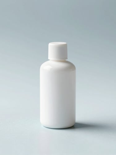 Minimalist white product packaging on a clean slate surface, soft diffused daylight, elegant shadows, clinical laboratory aesthetic