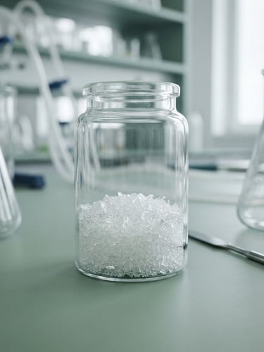 Macro close-up of high-purity crystalline powder in laboratory glassware, soft clinical slate blue and sage green lighting, bright diffused daylight, professional scientific photography