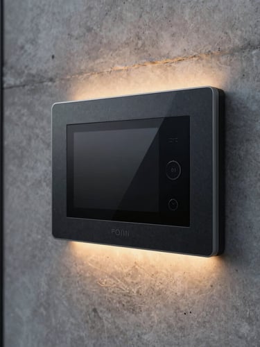 Sleek modern smart home control panel flush-mounted on a raw concrete wall, warm interior lighting, architectural detail, sharp focus, 35mm