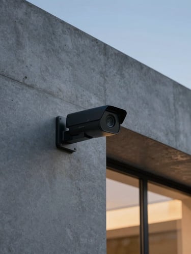 Sleek architectural integration of a minimalist black AI security camera on a modern concrete villa facade at twilight, sharp focus, dramatic lighting, 35mm