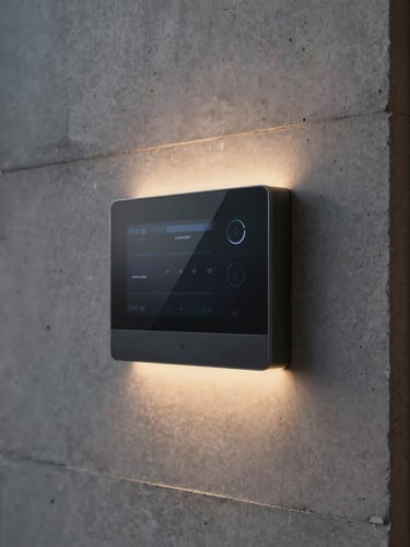 Close-up of a sleek minimalist smart home control panel flush-mounted on a raw concrete wall, warm ambient lighting, modern high-end architectural detail, 35mm