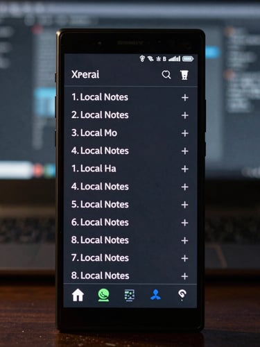 Orthographic straight-on shot of the Local Notes app interface running on a modern Sony Xperia device frame, showing crisp monospaced typography, dim developer workspace background, cool-toned backlighting.