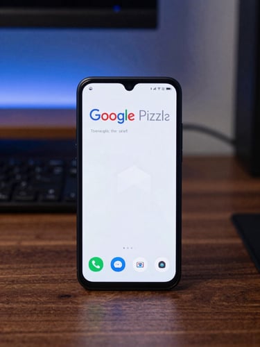 Orthographic straight-on shot of a Google Pixel phone displaying a minimalist text-based launcher interface on a dark wooden developer desk under cool-toned studio lighting.