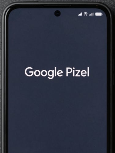 Orthographic straight-on screenshot of a minimalist text-based Android launcher UI inside a dark matte grey Google Pixel frame, showing clean monospaced typography on a deep slate background, cool focused studio lighting.