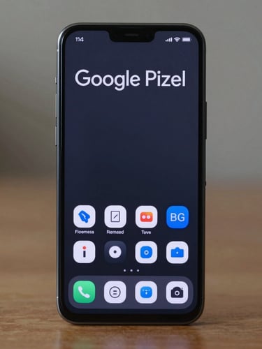 Orthographic straight-on shot of a modern Google Pixel phone displaying an ultra-minimalist text-based launcher interface, deep slate screen, electric-blue accent toggles, crisp typography