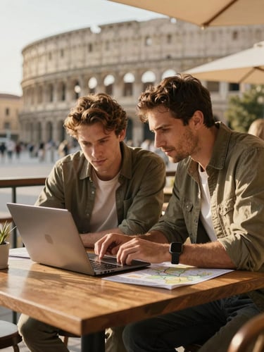 Environmental shot at a sunlit outdoor café table, a travel creator and a brand representative leaning over a laptop and printed maps together, golden afternoon light raking across the table, destination architecture softly out of focus behind them
