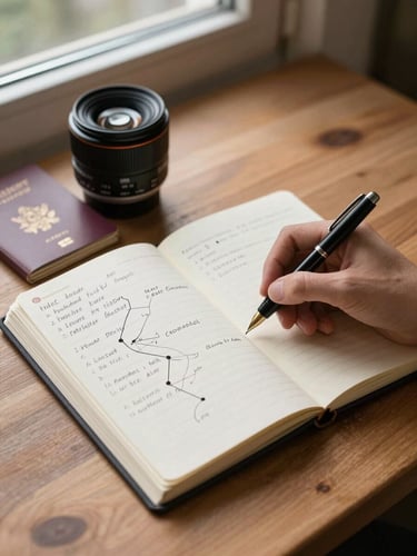 Close environmental frame of a travel creator's open journal beside a worn passport and handwritten route notes on a wooden table, north-facing window light casting soft shadows, ink pen resting mid-page