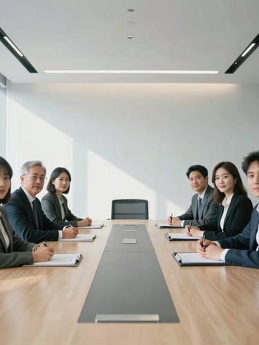 Crisp editorial portrait orientation photo of an international corporate boardroom with clean structural lines, bright daylight, professional atmosphere, cool tones.