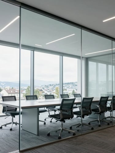 Wide environmental shot of a modern glass boardroom in Zurich, bright natural daylight, cool corporate tones, 35mm lens.