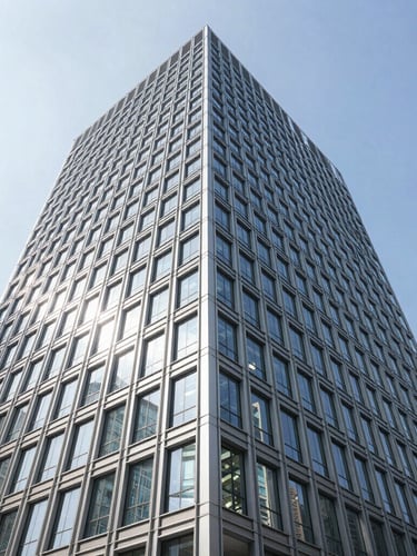 Wide-angle architectural lens capture of a modern steel and glass skyscraper corner reflecting bright natural daylight, crisp corporate tones, 35mm.