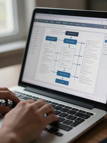 Close-up of a laptop screen displaying a workflow automation diagram with connected nodes and data fields, a hand resting on the keyboard mid-review, cool window light from the left, high-clarity detail on the interface