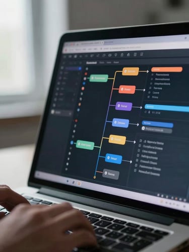 Close-up of a laptop screen displaying an active workflow automation interface with status nodes and data pipelines, cool window light from the left, hands resting on keyboard just visible at the bottom edge