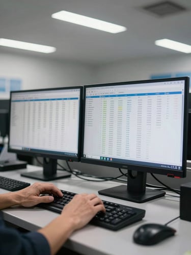 Wide shot of a retail operations room, two monitors showing live inventory dashboards mid-refresh, hands resting on keyboard, cool overhead fluorescent light, data rows visible on screen, no faces