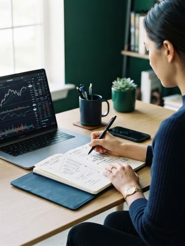 Minimalist editorial photography of a person planning finances at a clean desk, a notebook open with charts, and a laptop screen displaying market data, bright natural daylight, deep navy and emerald tones, clean composition, 35mm lens, over-the-shoulder shot, soft shadows.