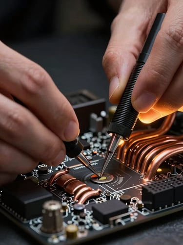 Extreme close-up of hands using precision tools on a high-end motherboard, moody low-key studio lighting with sharp amber rim lights highlighting copper heat pipes.