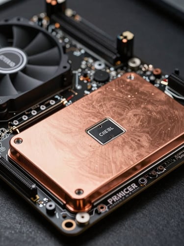 Primer plano macro de placa madre de notebook con disipadores de cobre pulido y ventiladores limpios, iluminación de taller con destellos ámbar.