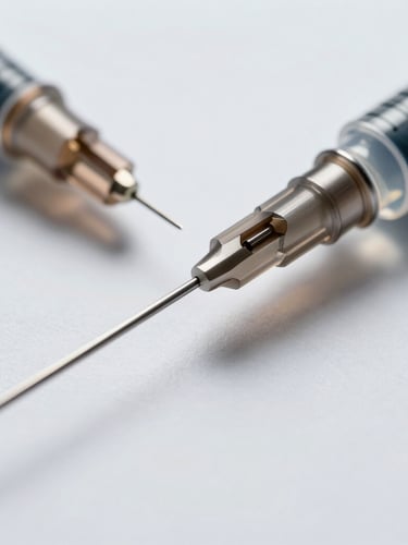 Extreme close-up macro shot of a sterile medical syringe needle bevel, cool-toned clinical white light, shadowless studio illumination emphasizing surgical precision and steel edge.