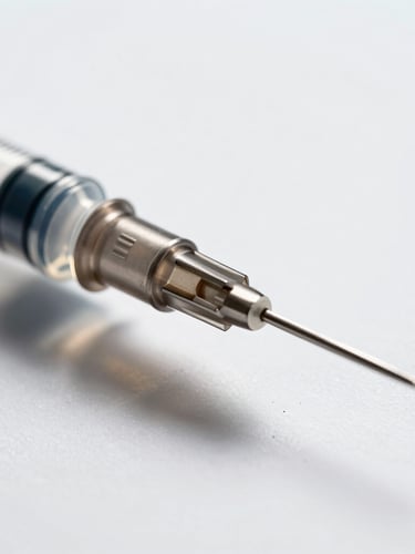 Extreme close-up of a sterile disposable syringe needle bevel under clinical white light, focus on the sharp stainless steel point, shadowless studio lighting.