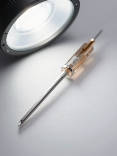 Macro shot of a sterile disposable needle bevel, clinical white shadowless studio lighting, high precision engineering detail.