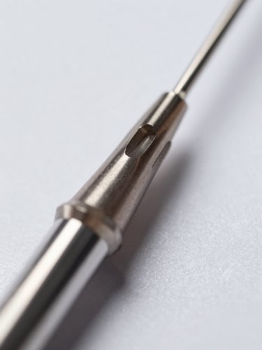 Extreme close-up macro shot of a sterile medical needle bevel, cool shadowless clinical white light, steel texture reflecting precision engineering.