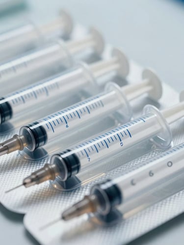 Close-up of sterile safety syringes packed in medical-grade blister film, sharp blue graduations visible, clinical white lighting