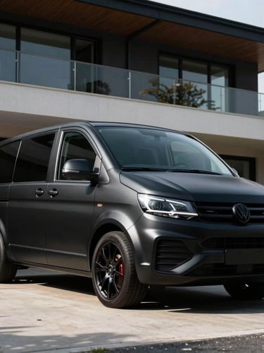 Sleek matte black mobile detailing van parked in the driveway of a modern architectural home, low-angle wide shot, high-contrast directional sunlight, dramatic shadows