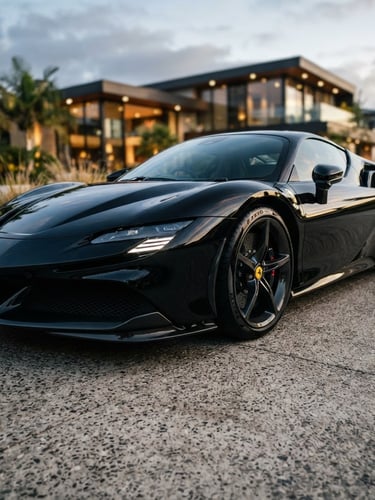Low-angle dynamic shot of a pristine black sports car parked on a modern concrete driveway, sharp directional sunlight casting deep shadows, mirror-like paint reflections, 35mm lens.