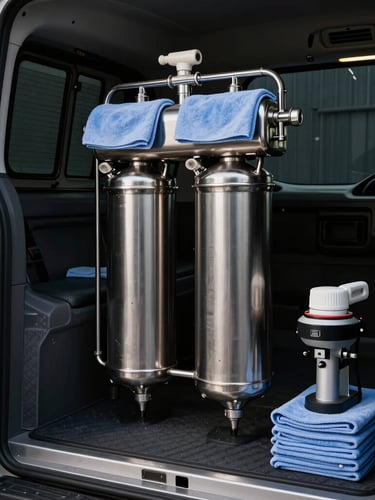 Interior view of a clean, organized mobile detailing van showing stainless steel water filtration tanks, high-gsm microfiber towels, and professional polishing machines, dramatic side lighting.