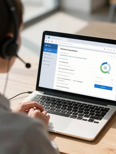 Over-the-shoulder shot of an admissions advisor naturally engaged on a headset, looking at a clean CRM interface on a laptop screen under bright, natural daylight with soft shadows.