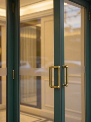 Architectural close-up of a secure, warm-lit biometric glass entry portal at dusk, elegant brass details, soft focus background