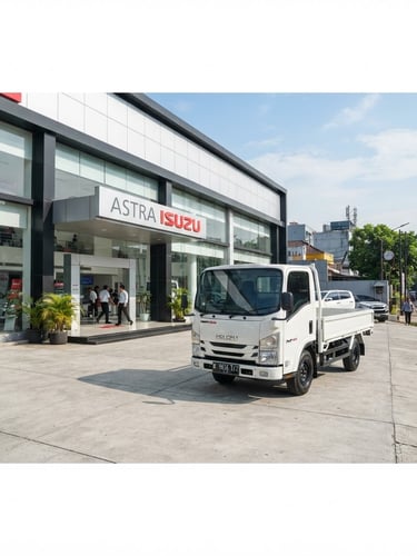 Wide environmental shot of a clean white Isuzu Elf truck parked outside a modern Astra Isuzu dealership in Jakarta, bright morning daylight, professional automotive photography style, sharp focus, 35mm lens