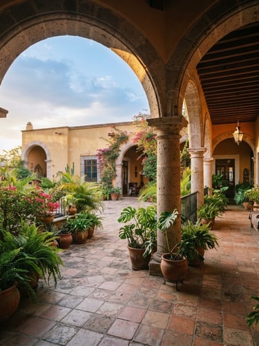 Amplio patio interior de una casa colonial oaxaqueña, con arcos de cantera, plantas verdes en macetas de barro, y luz cálida de atardecer proyectando sombras largas. Estilo arquitectónico tradicional.