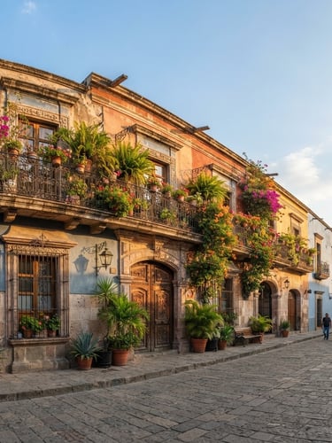 Wide panoramic view of a traditional Oaxacan colonial house facade with intricate ironwork balconies and vibrant potted plants, bathed in warm afternoon sunlight, professional architectural photography, bright natural daylight, clean lines, warm Mexican sun, high-end real estate, 35mm