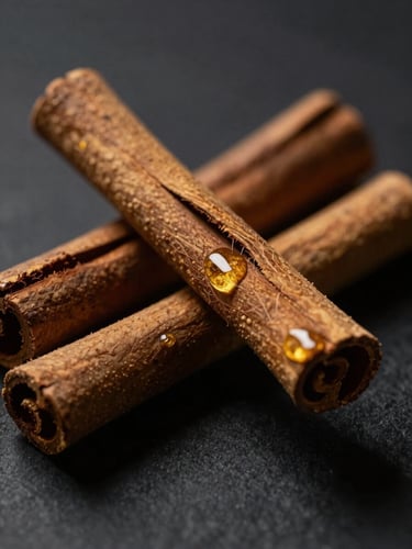 Moody macro photography of whole Ceylon cinnamon quills, dramatic low-key side lighting, deep charcoal background, highlighting rich natural oils